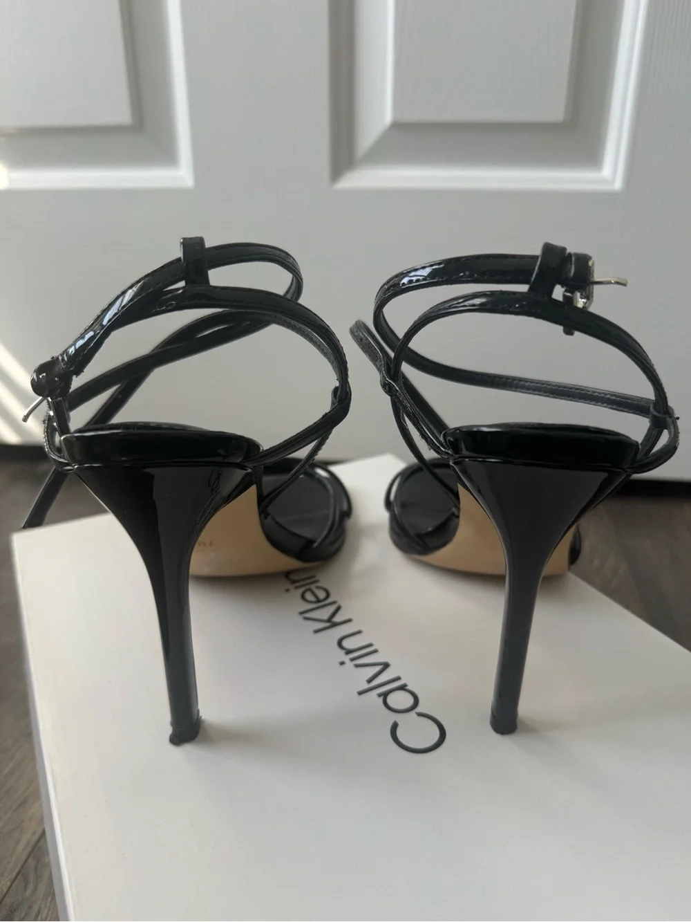 Calvin Klein Black Patent Strappy Square-Toe Heels